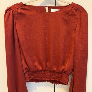 Astr Rust Red Blouse with Smocked Hem